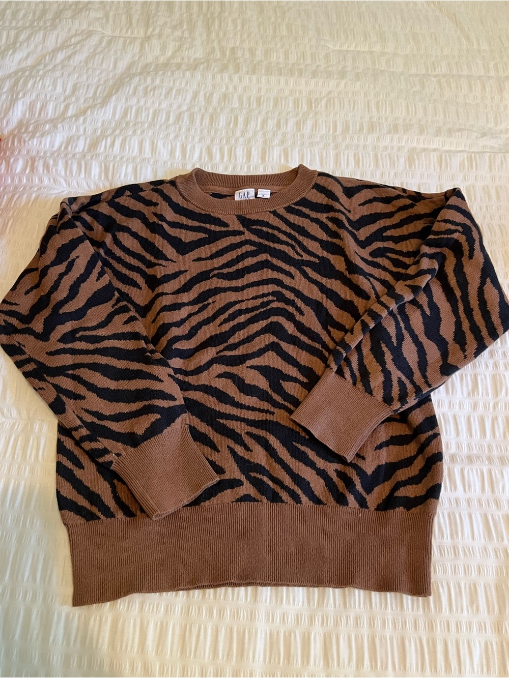 GAP Brown and Black Zebra-Pattern Crewneck Sweater